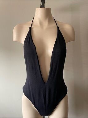 Devon Windsor Deep Plunge One Piece Swimsuit Black Strappy Size Large